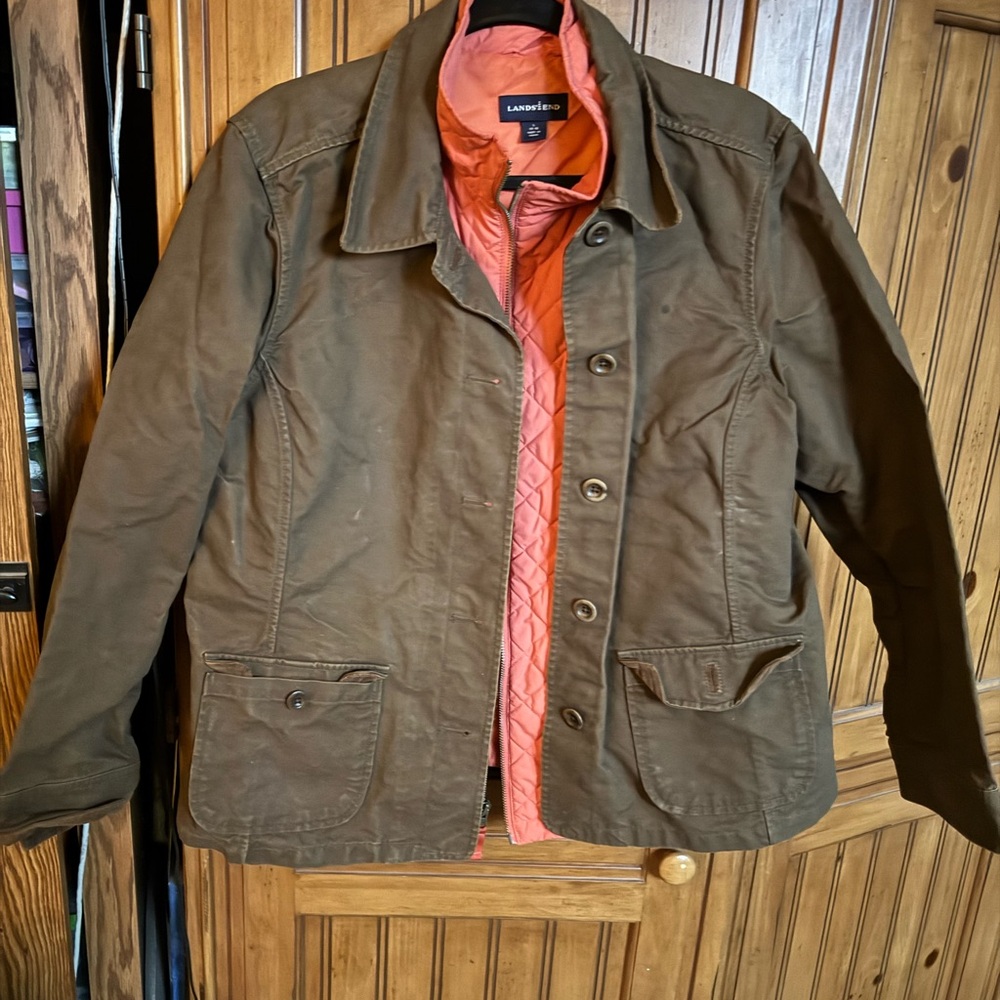 Lands' End Brown Coat with Bold Orange Interior